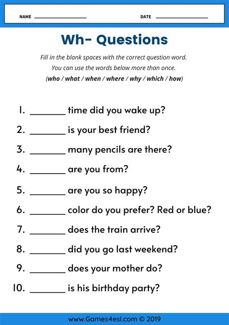 wh questions worksheet fill in the blank wh questions worksheets english grammar exercises