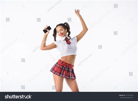 Young Sexy Schoolgirl Listening Music Earphones Foto De Stock 777722794 Shutterstock