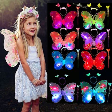 3pcsset Girls Led Light Fairy Butterfly Wing Magic Wand Headband Xmas