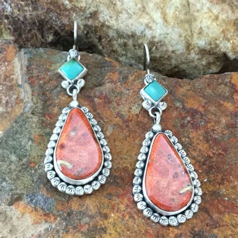 Coral Kingman Turquoise Sterling Silver Earrings By Martha Willeto