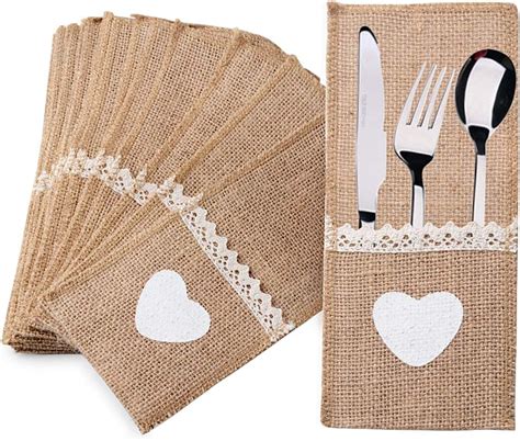 20pcs Porte Couvert en Toile Jute et Dentelle Sac à Couteaux Table