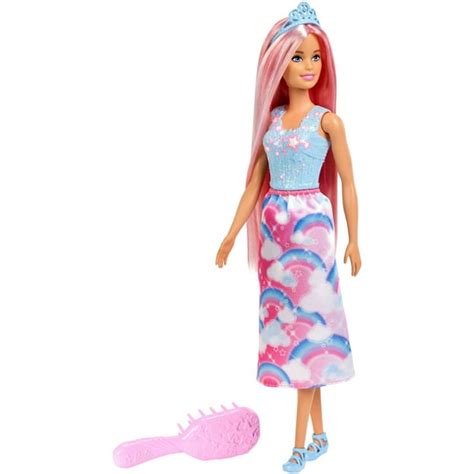 barbie dreamtopia princess doll with long pink hair and hairbrush