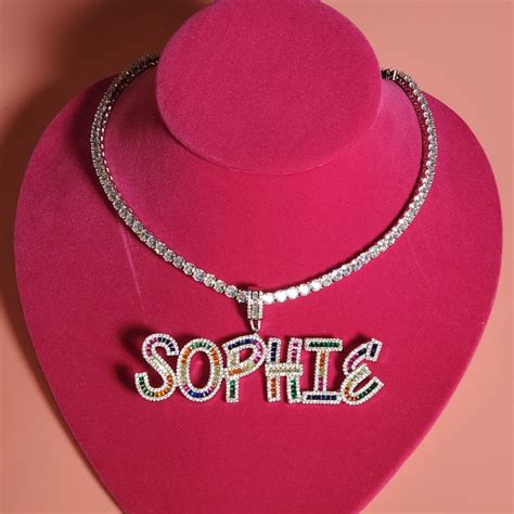 Custom Name Plate Necklace Multi Colors Cz Stone Letters Etsy
