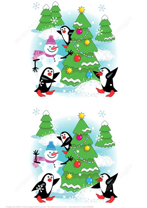 Find 7 Differences Christmas Tree Snowman And Penguins Free