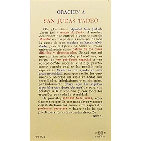 Oración A San Judas Tadeo St Jude Spanish Prayer Card The