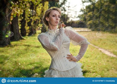 girl model with white hair in a retro dress with ruffles stock image image of park girl