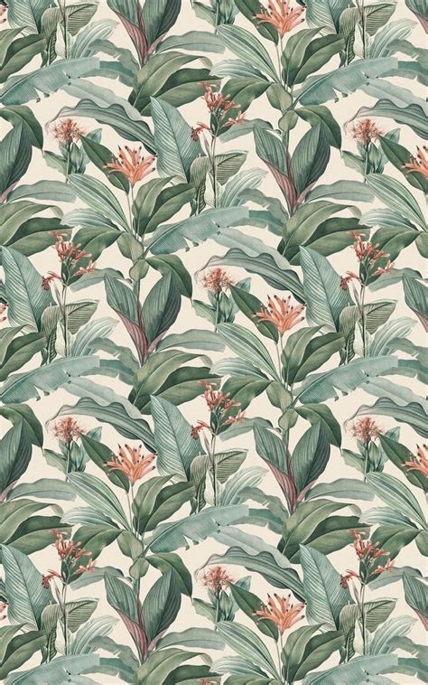 Peach And Green Vintage Tropical Repeat Pattern Wallpaper Hovia