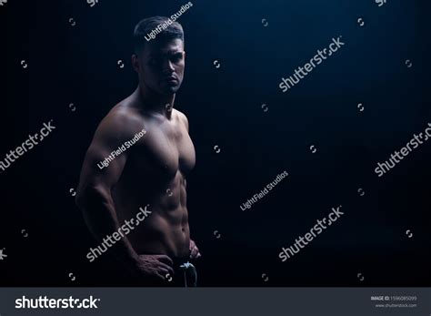 Sexy Muscular Bodybuilder Bare Torso Posing Foto Stok 1596085099