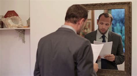 Young Businessman Practice His Speech In Front Of Mirror Stock Video