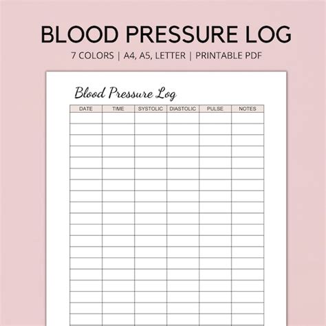 Blood Pressure Log Printable Blood Pressure Tracker Bp Etsy Uk