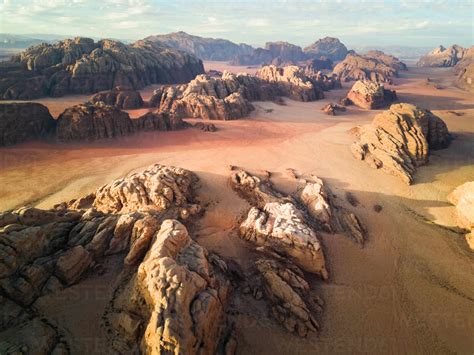 Aerial View Of The Desertic Landscape Of Wadi Rum In Jordan Stock Photo