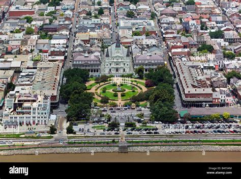 Aerial Above New Orleans French Quarter Louisiana With Mississippi