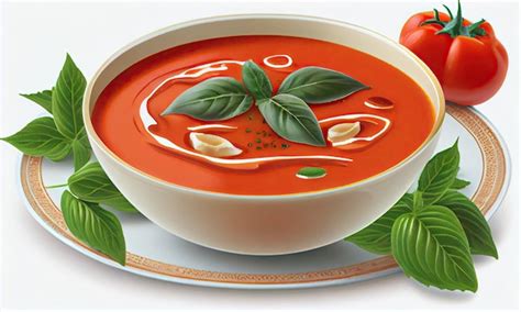 Premium AI Image A Bowl Of Tomato Soup With Basil Leaves On The Side