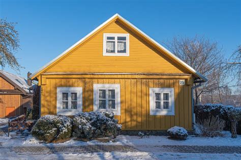 Old Lithuanian Karaite Traditional Yellow Wooden House In Winter