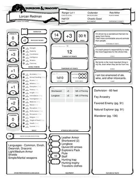 Half Elf Ranger 13 Dandd5e Completed Character Sheet Created By Rob