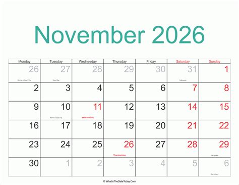 November 2026 Calendar Printable With Holidays Whatisthedatetodaycom
