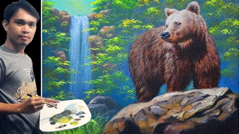 Acrylic Painting Tutorial Brown Bear On A Rock And The Waterfall By Jm
