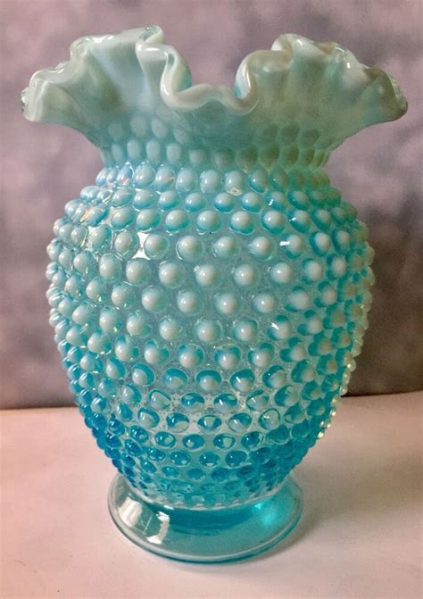 Large 8” Tall Vintage Fenton Blue Ruffled Hobnail Glass Vase Ebay Hobnail Glass Fenton