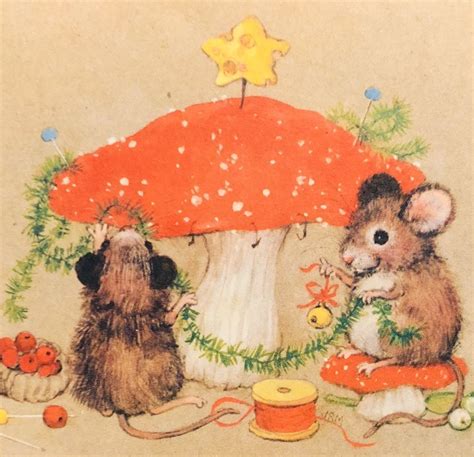 Christmas card design.a series come together with the chinese new year card. Vintage Christmas Card~Mice Decorate Mushroom Toadstool~Cheese Star~Berries~Pins | Vintage ...