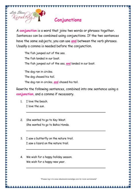 Grade 3 Conjunctions Worksheet