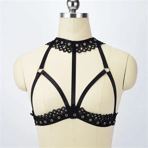 woman flower lace body harness bra women gothic necklace fetish lace cage bra body bondage