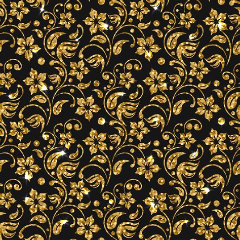 Vector Seamless Damask Pattern With Flowers Golden Glitter Pattern