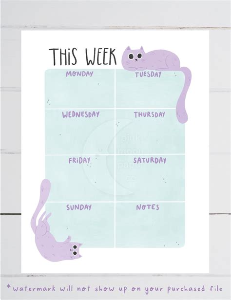 Printable Cat Weekly Planner Kids Cats Schedule Kitty Daily Etsy Hong