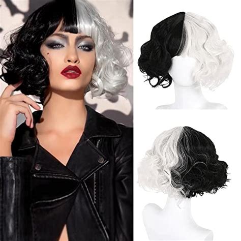qya black and white wigs for women cruella deville wig with bangs fluffy short layered