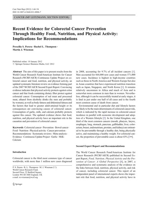 Pdf Recent Evidence For Colorectal Cancer Prevention Through Healthy