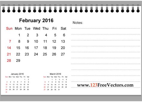 February 2016 Printable Calendar With Notes Eps Ai Vector Uidownload