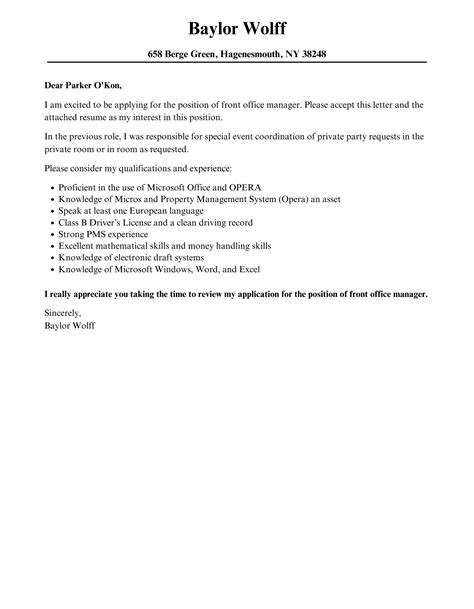 Front Office Manager Cover Letter Velvet Jobs