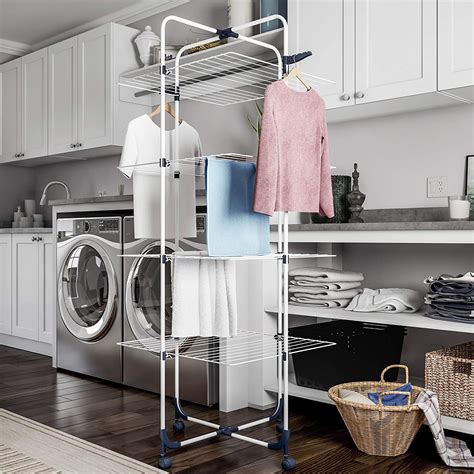 Drying Racks Home 3 Tiered Laundry Station With Collapsible Shelves And Wheels For Folding