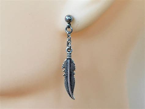 Single Feather Dangle Earring Guys One Earring Mens Feather Jewellery Stainless Steel Man