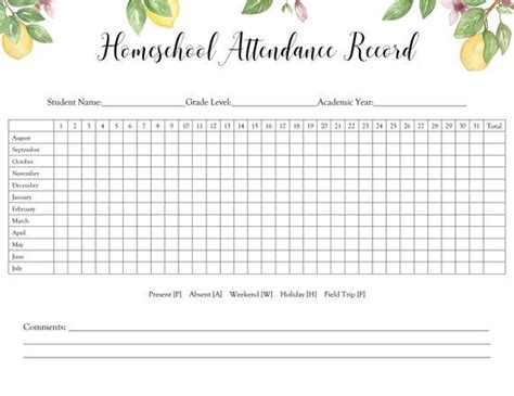 Homeschool Attendance Record Printable Lemons Etsy Homeschool