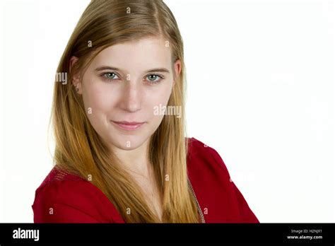 Headshot Of An Attractive Blond Woman Wearing Red Stock Photo Alamy