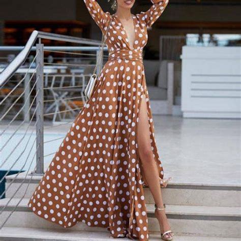 Women Polka Dots Split Sexy Maxi Dress Bohemian Dress 2019 Autumn High
