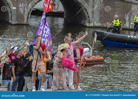 close up of pride protest boat at gay pride at amsterdam the netherlands 2019 editorial stock