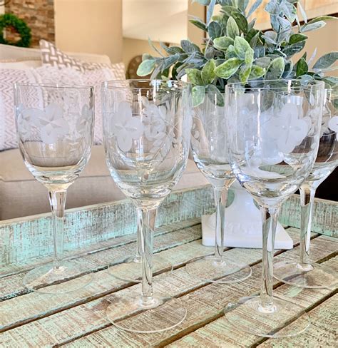 Toscany Crystal Etched Wine Glasses Set Of 6 Empress Floral Etsy