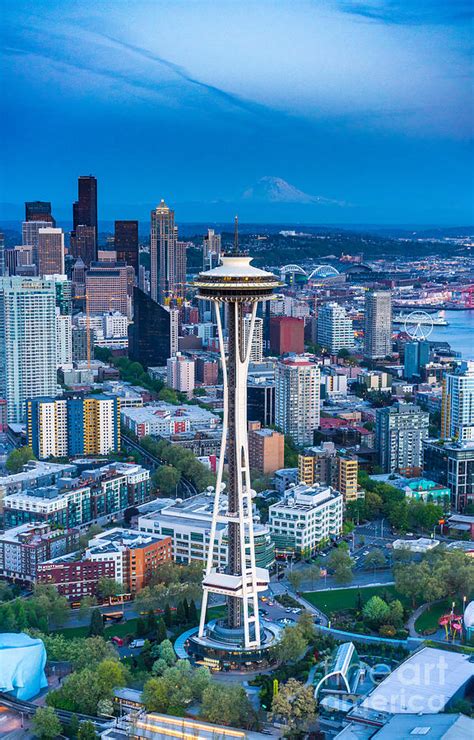 Aerial Space Needle Downtown Seattle And Rainier Photograph By Mike