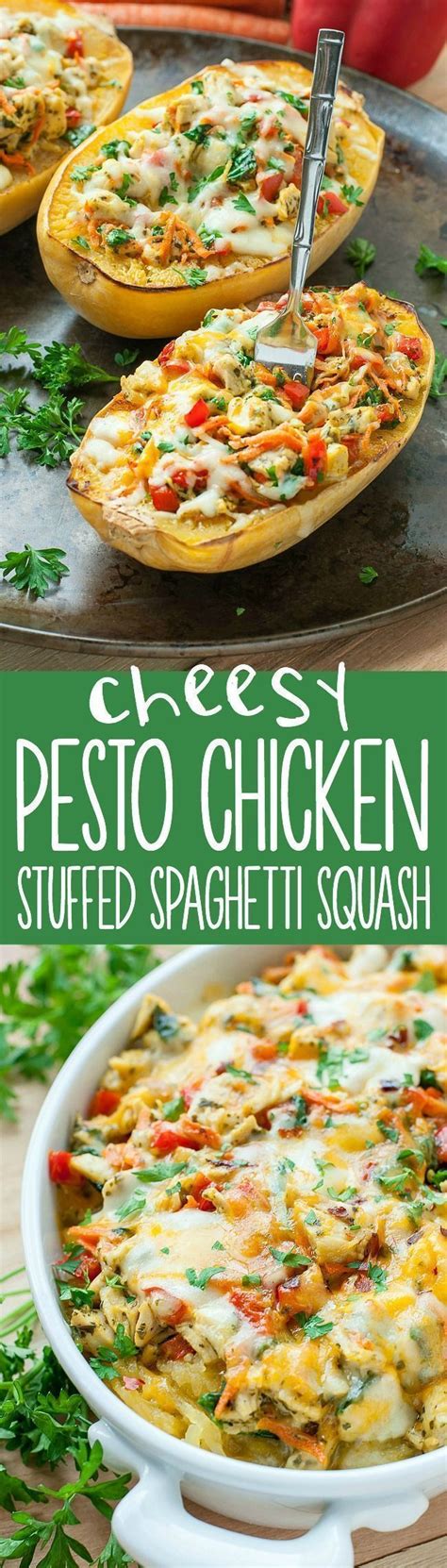 Cheesy Pesto Chicken And Veggie Stuffed Spaghetti Squash Veggies