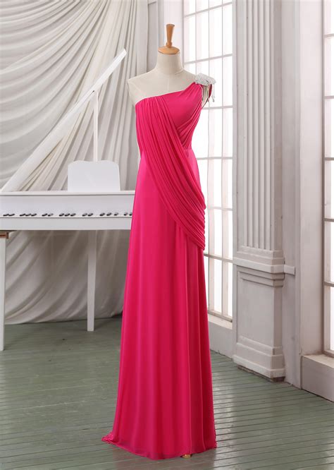 One Shoulder Hot Pink Prom Dress Maxi Dressfloor Length Custom Chiffon