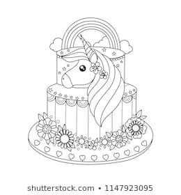 How to draw a unicorn cake for kids rainbow unicorn cake coloring. Unicorn cake coloring book for adult. Vector illustration ...