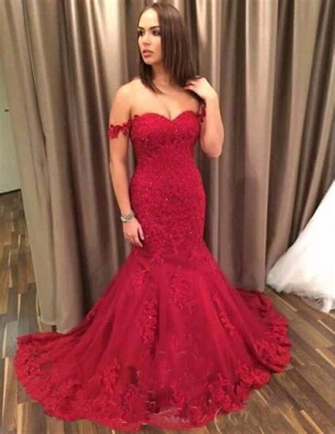 Red Mermaid Long Prom Dresses 2019 Off The Shoulder Beaded Lace
