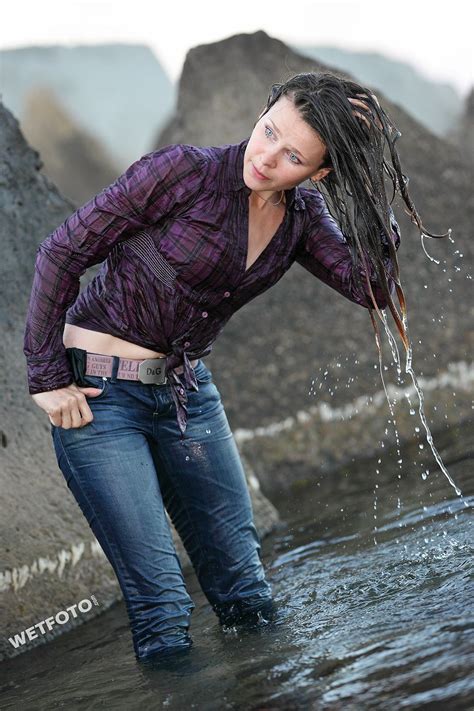 Active Girl Wetlook Dancer Girls Dressed In Tight Jeans And Jacket Swimming And Dancing At