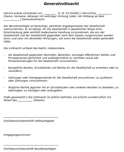 Vorsorgevollmachten gültigkeit, inhalte und kosten. Generalvollmacht - Muster & Vorlage