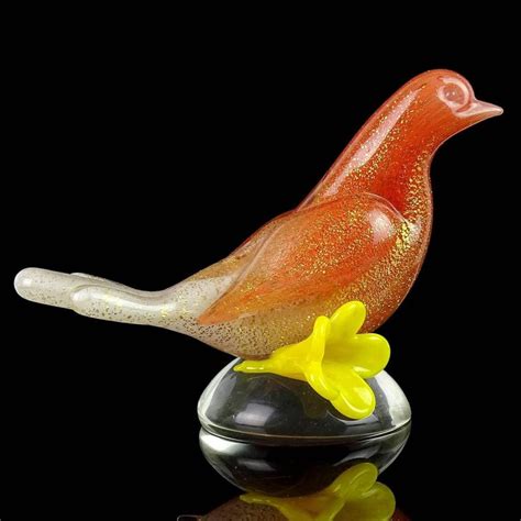 Archimede Seguso Murano Orange White Gold Italian Art Glass Bird