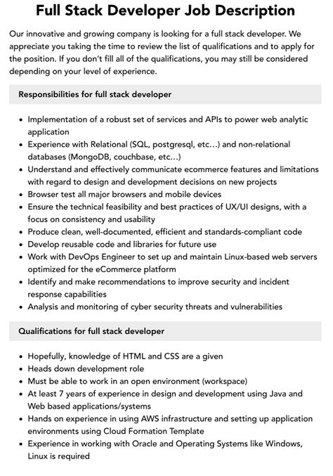 Full Stack Developer Job Description Velvet Jobs