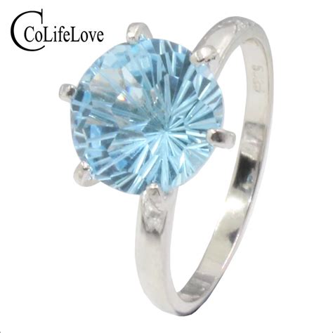 Classic Light Blue Topaz Ring For Evening Party 10 Mm Round Cut Natural