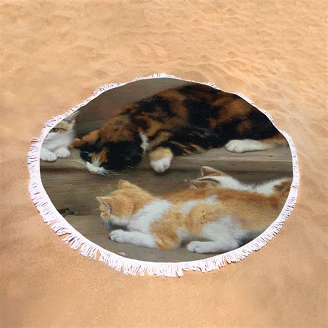 Cat And Kittens Chasing A Mouse Round Beach Towel For Sale By Rosa Jameson