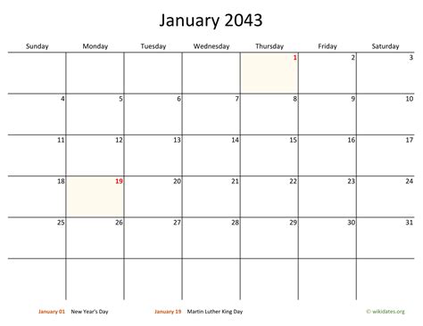 January 2043 Calendar With Bigger Boxes